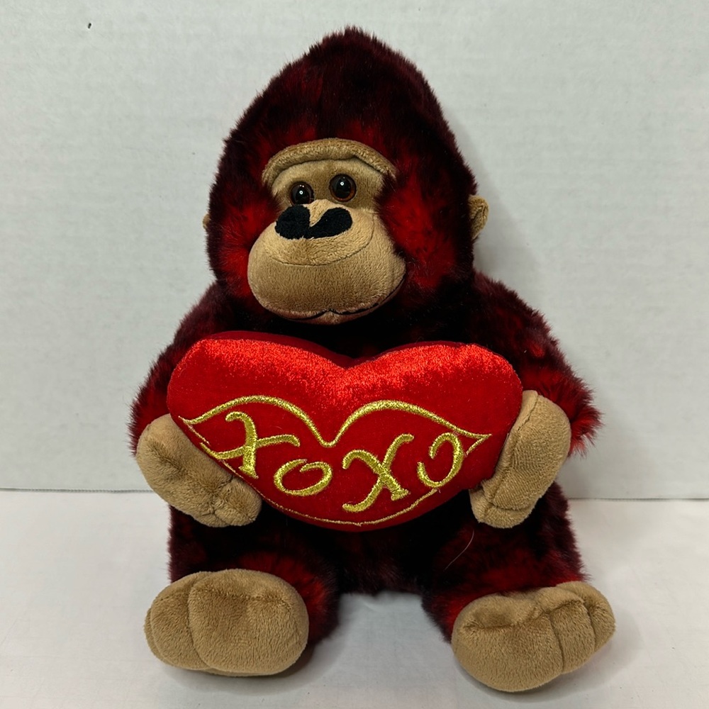Valentines Frosted Red Gorilla Plush Holding Heart Embroidered XOXO 10 inches